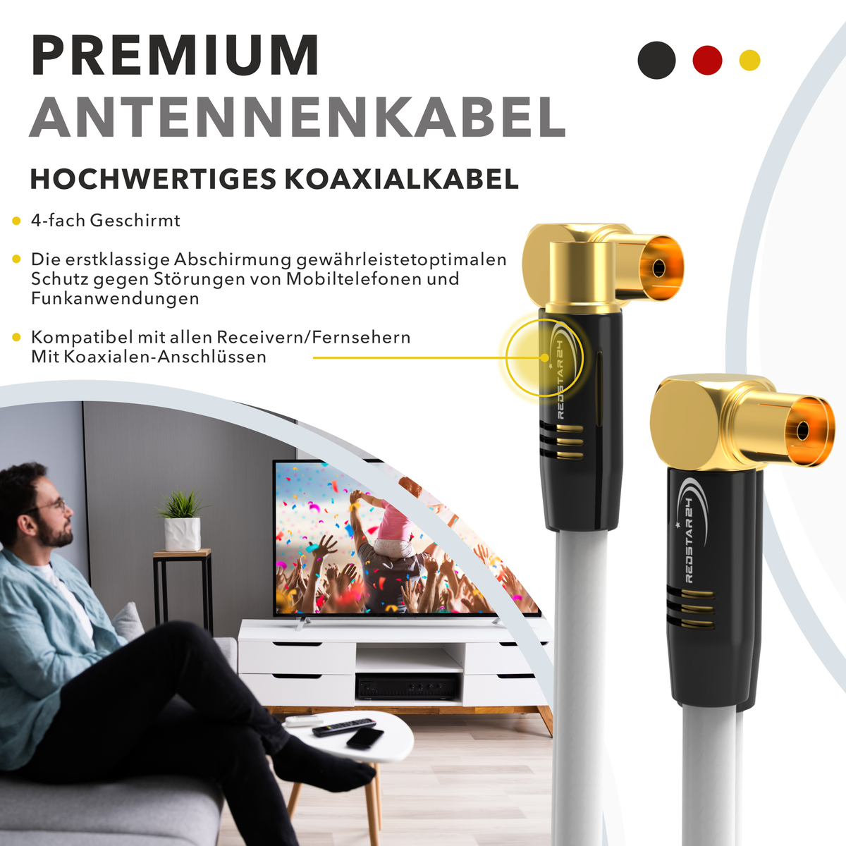 RedStar24 Câble d'antenne 135 dB Coaxial Mâle-Femelle (double coudé 90°) – HDTV, DVB-T2, Radio, DAB, 4K UHD, plaqué or – Noir/Blanc – 1m à 30m