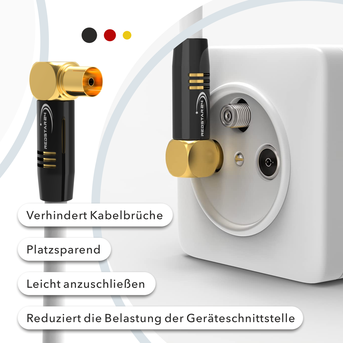 RedStar24 Câble d'antenne 135 dB Coaxial Mâle-Femelle (double coudé 90°) – HDTV, DVB-T2, Radio, DAB, 4K UHD, plaqué or – Noir/Blanc – 1m à 30m