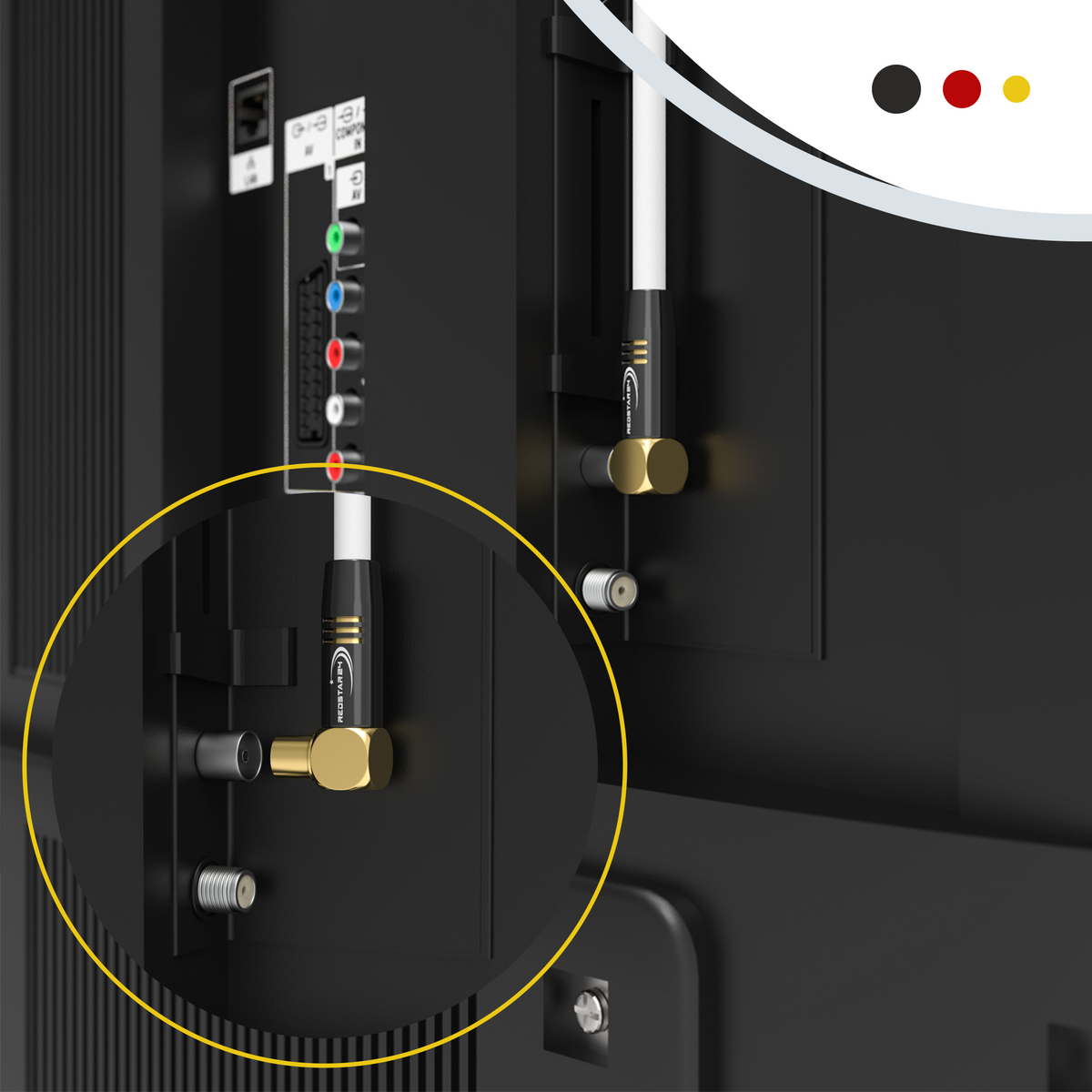 RedStar24 Câble d'antenne 135 dB Coaxial Mâle-Femelle (double coudé 90°) – HDTV, DVB-T2, Radio, DAB, 4K UHD, plaqué or – Noir/Blanc – 1m à 30m