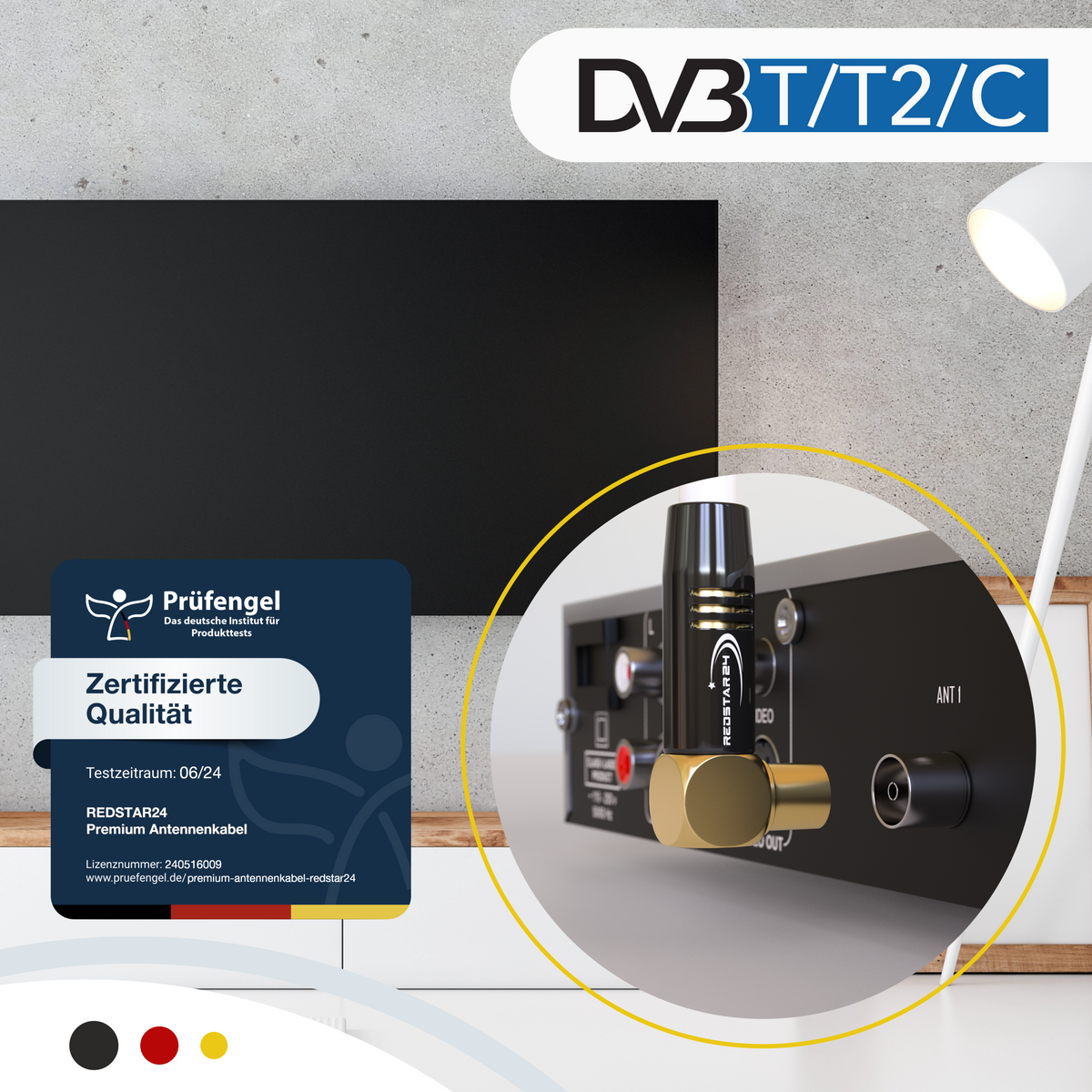 RedStar24 Câble d'antenne 135 dB Coaxial Mâle-Femelle (double coudé 90°) – HDTV, DVB-T2, Radio, DAB, 4K UHD, plaqué or – Noir/Blanc – 1m à 30m