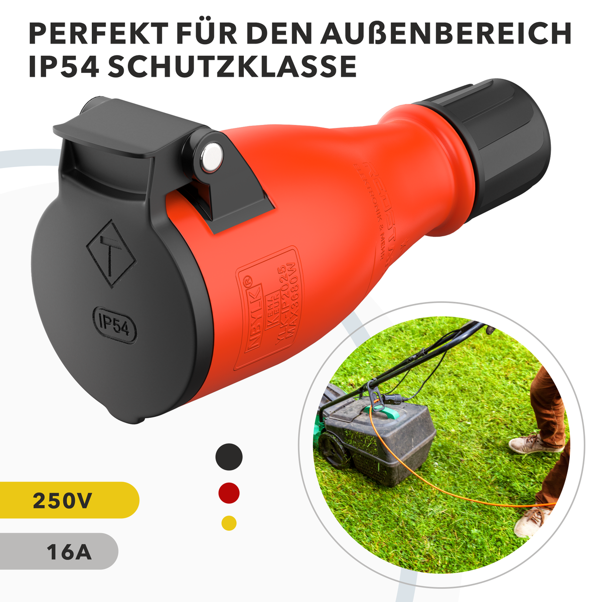 RedStar24 Prise murale Schuko IP54 – Prise en caoutchouc avec manchon de protection contre le pliage pour rallonges et utilisation en extérieur – Lot de 1, 2, 4, 10