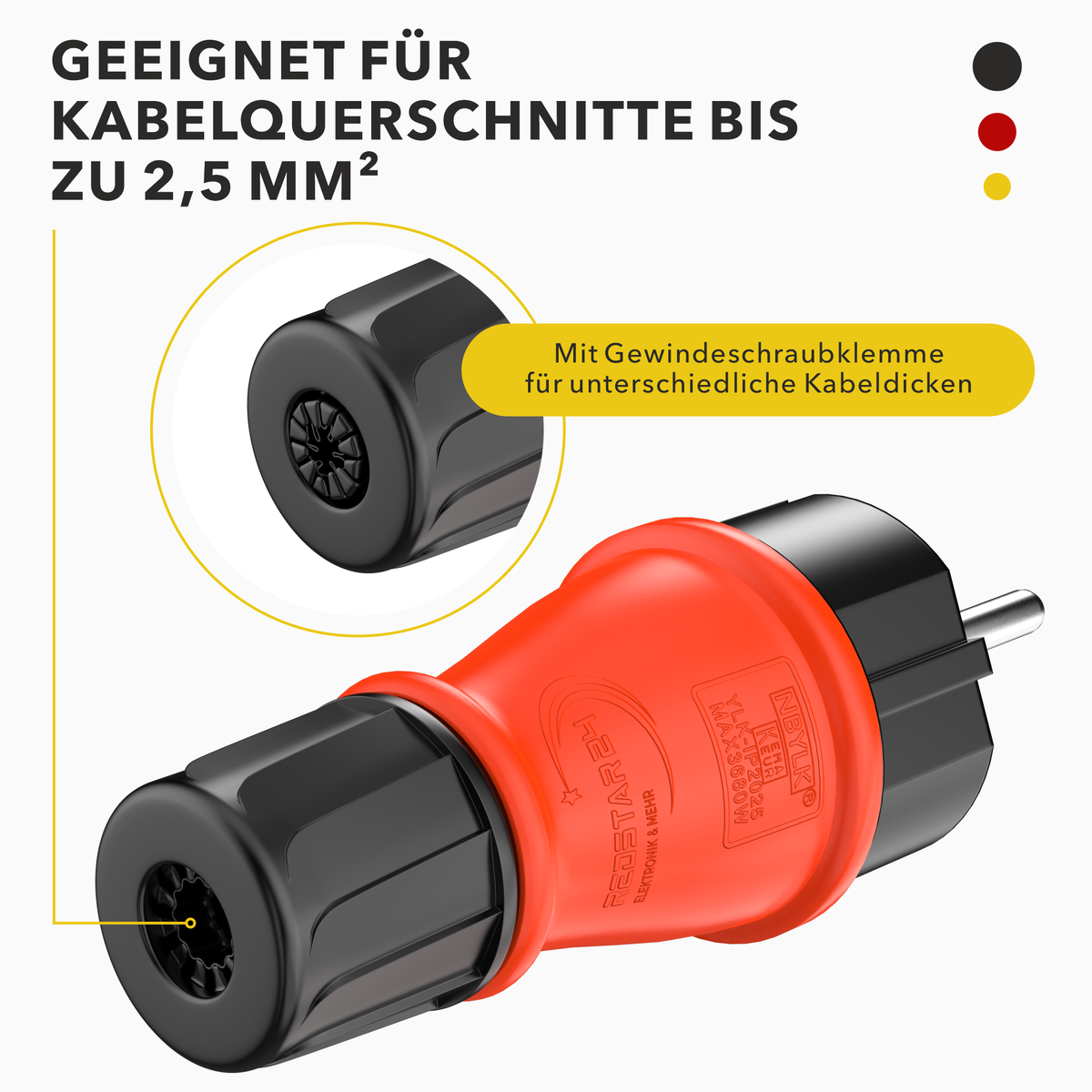 RedStar24 Fiche Schuko IP54 – Fiche en caoutchouc avec manchon anti-pliage pour rallonge et extérieur – Lot de 1, 2 ou 4