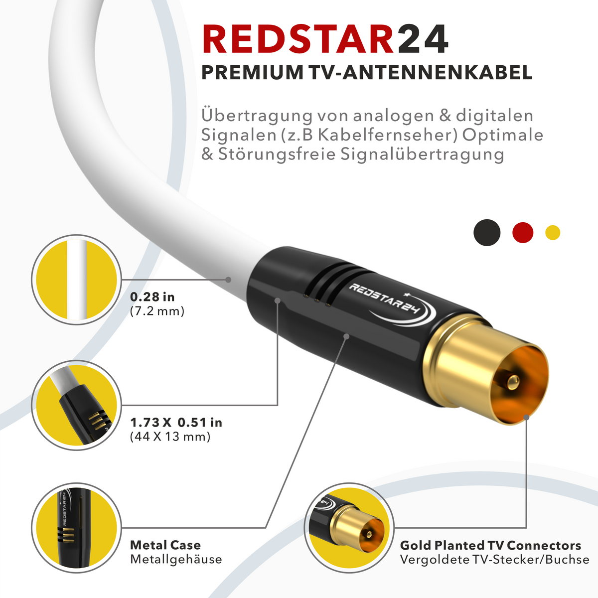 Antenna cable Digital TV cable 135 dB Coax plug to plug GOLD PLATED HD 4K UHD 3D – Black/White – 1m to 30m