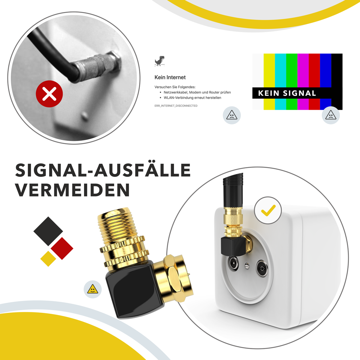 RedStar24 Adaptateur d'angle SAT 90° – Fiche F vers prise F – Plaqué or – Lot de 2/4/10