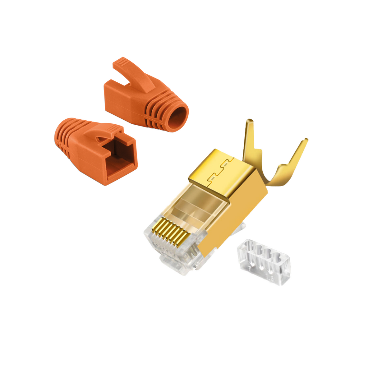 RJ45 Crimp Connectors Cat.7 / Cat.6A – Silver &amp; Gold-Plated – Sets of 10, 20, and 50 with Anti-Kink Protection, Gray/Orange | RedStar24