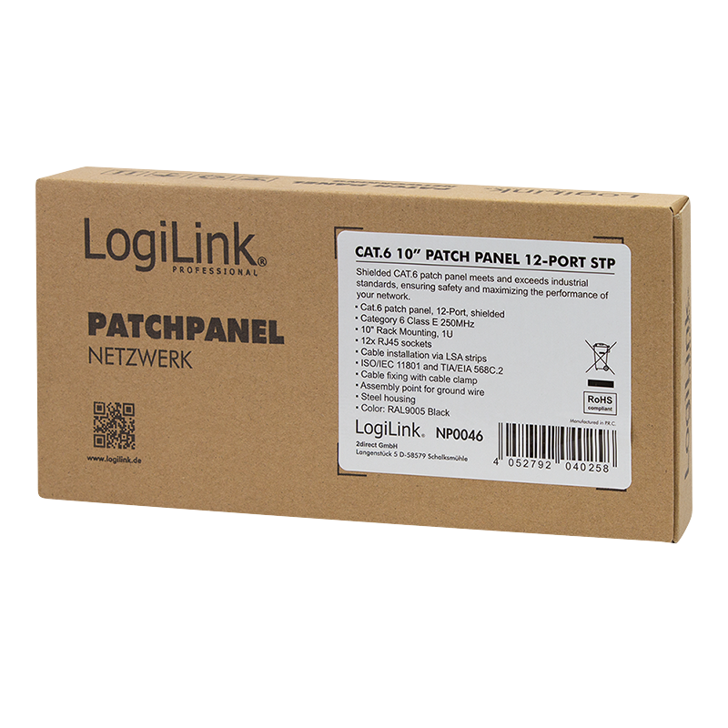 LogiLink Patch Panel Cat.6 – 12-Port RJ45, Shielded, 10-Inch Rack, Strain Relief, Black (RAL 7035)