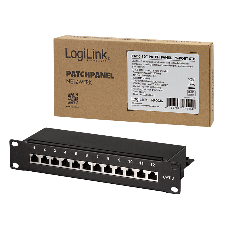 LogiLink Patch Panel Cat.6 – 12-Port RJ45, Shielded, 10-Inch Rack, Strain Relief, Black (RAL 7035)