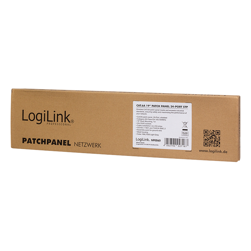 LogiLink Panneau de brassage Cat.6A – 24 ports RJ45, blindé, 19 pouces, PoE/PoE+/PoE++, Gris clair (RAL 7035)