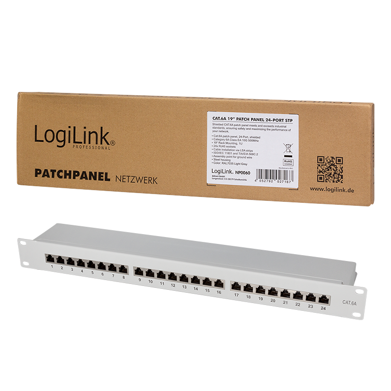 LogiLink Panneau de brassage Cat.6A – 24 ports RJ45, blindé, 19 pouces, PoE/PoE+/PoE++, Gris clair (RAL 7035)