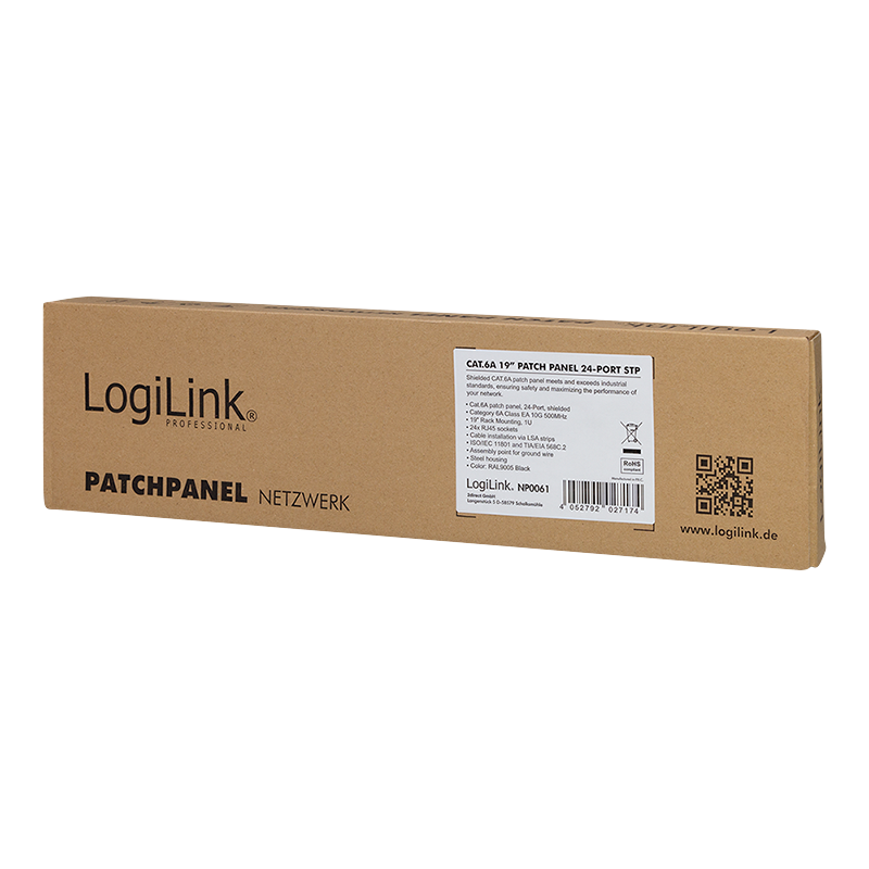 LogiLink Panneau de brassage Cat.6A – 24 ports RJ45, blindé, 19 pouces, PoE/PoE+/PoE++, noir (RAL 9005)