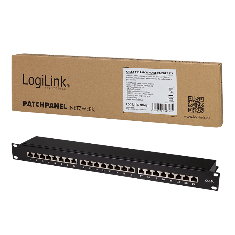 LogiLink Panneau de brassage Cat.6A – 24 ports RJ45, blindé, 19 pouces, PoE/PoE+/PoE++, noir (RAL 9005)