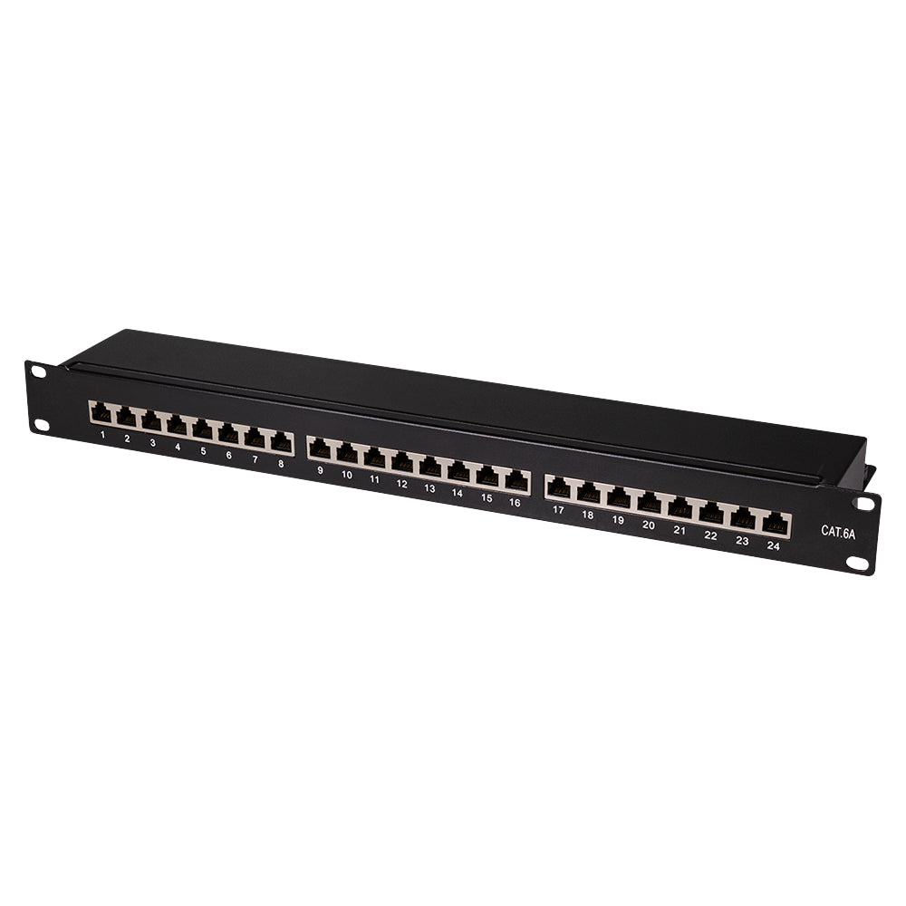 LogiLink Panneau de brassage Cat.6A – 24 ports RJ45, blindé, 19 pouces, PoE/PoE+/PoE++, noir (RAL 9005)