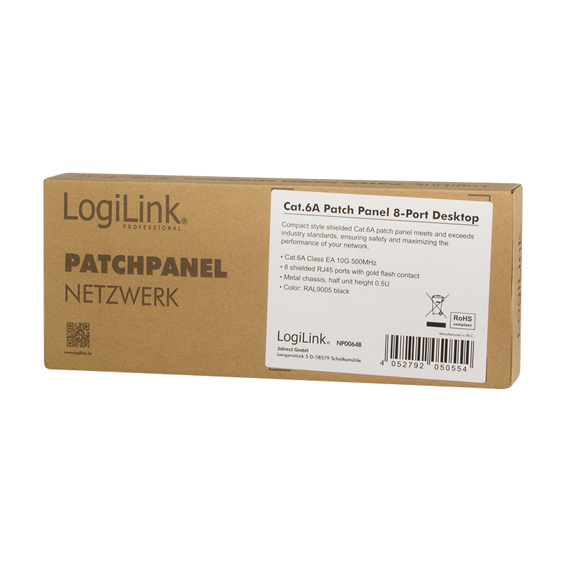 LogiLink Patch Panel Cat.6A – 8-Port RJ45, Shielded, Compact for Wall &amp; Desktop Mounting, PoE/PoE+/PoE++, Black (RAL 9005)