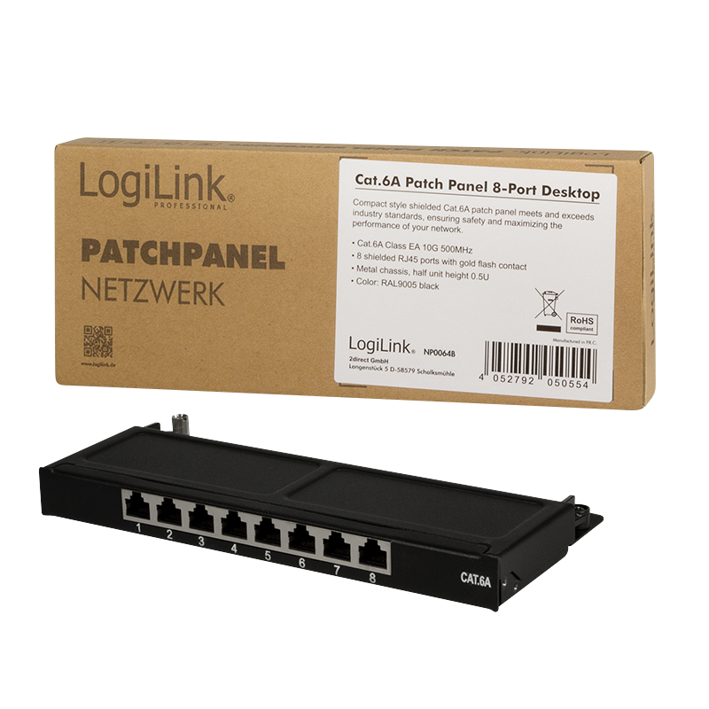 LogiLink Patch Panel Cat.6A – 8-Port RJ45, Shielded, Compact for Wall &amp; Desktop Mounting, PoE/PoE+/PoE++, Black (RAL 9005)