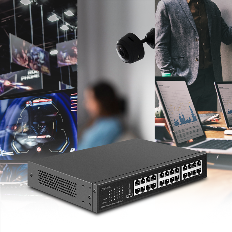 LogiLink 24-Port Gigabit Switch NS1324 – Unmanaged Ethernet Network Switch, Metal Housing, Energy Efficient, 19" Compatible