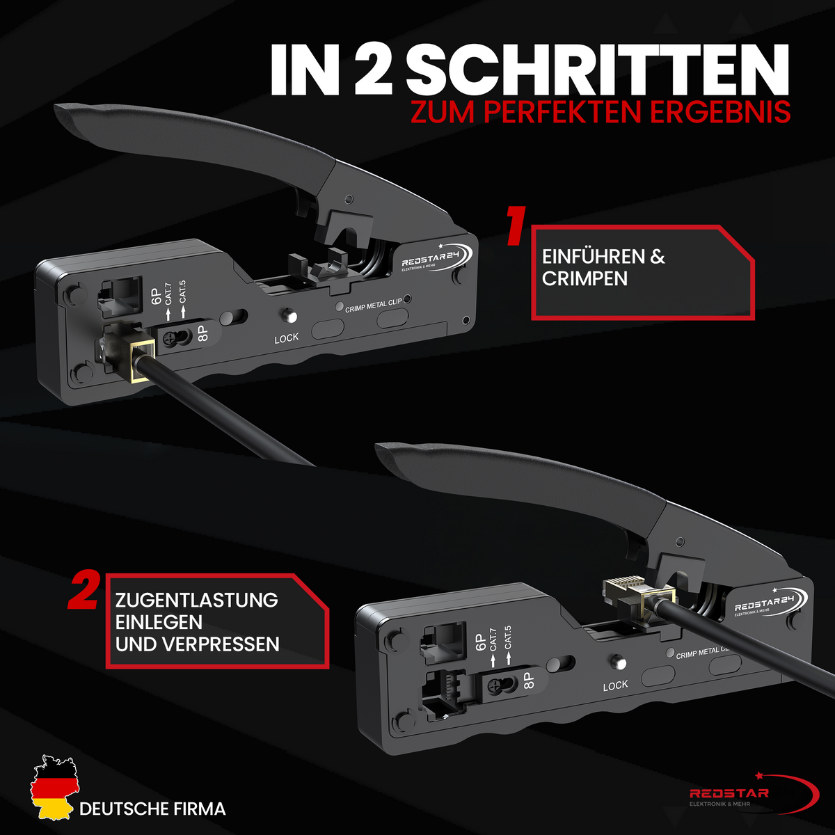 RedStar24 Pince à sertir RJ45 traversante – Pince à sertir réseau pour CAT5e, CAT6, CAT6a & CAT7