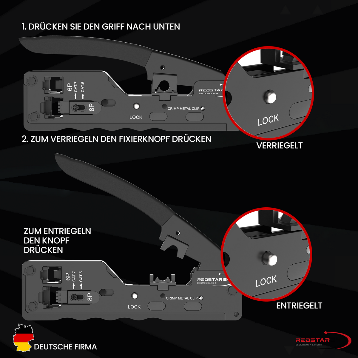 RedStar24 Pince à sertir RJ45 traversante – Pince à sertir réseau pour CAT5e, CAT6, CAT6a & CAT7