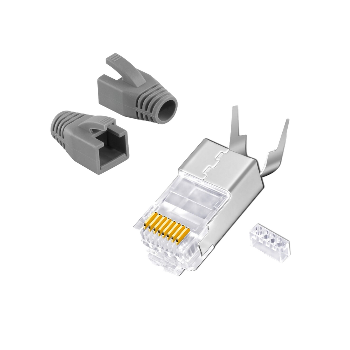 RJ45 Crimp Connectors Cat.7 / Cat.6A – Silver &amp; Gold-Plated – Sets of 10, 20, and 50 with Anti-Kink Protection, Gray/Orange | RedStar24