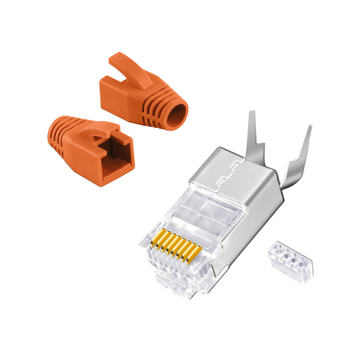 RJ45 Crimp Connectors Cat.7 / Cat.6A – Silver &amp; Gold-Plated – Sets of 10, 20, and 50 with Anti-Kink Protection, Gray/Orange | RedStar24
