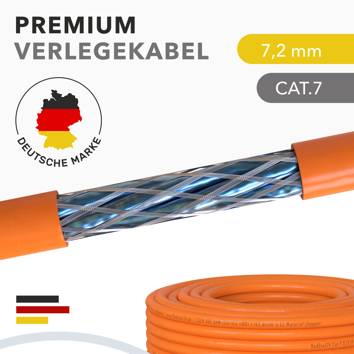 Câble d'installation Cat7 S/FTP 1000 MHz – LSZH Eca, AWG23, PiMF, Orange | RedStar24