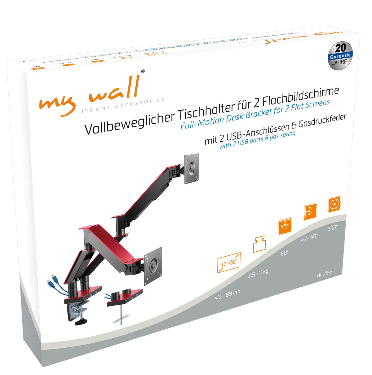 my wall Vollbeweglicher Tischhalter mit Gasdruckfeder für 2 Flachbildschirme (HL 25-2 L)